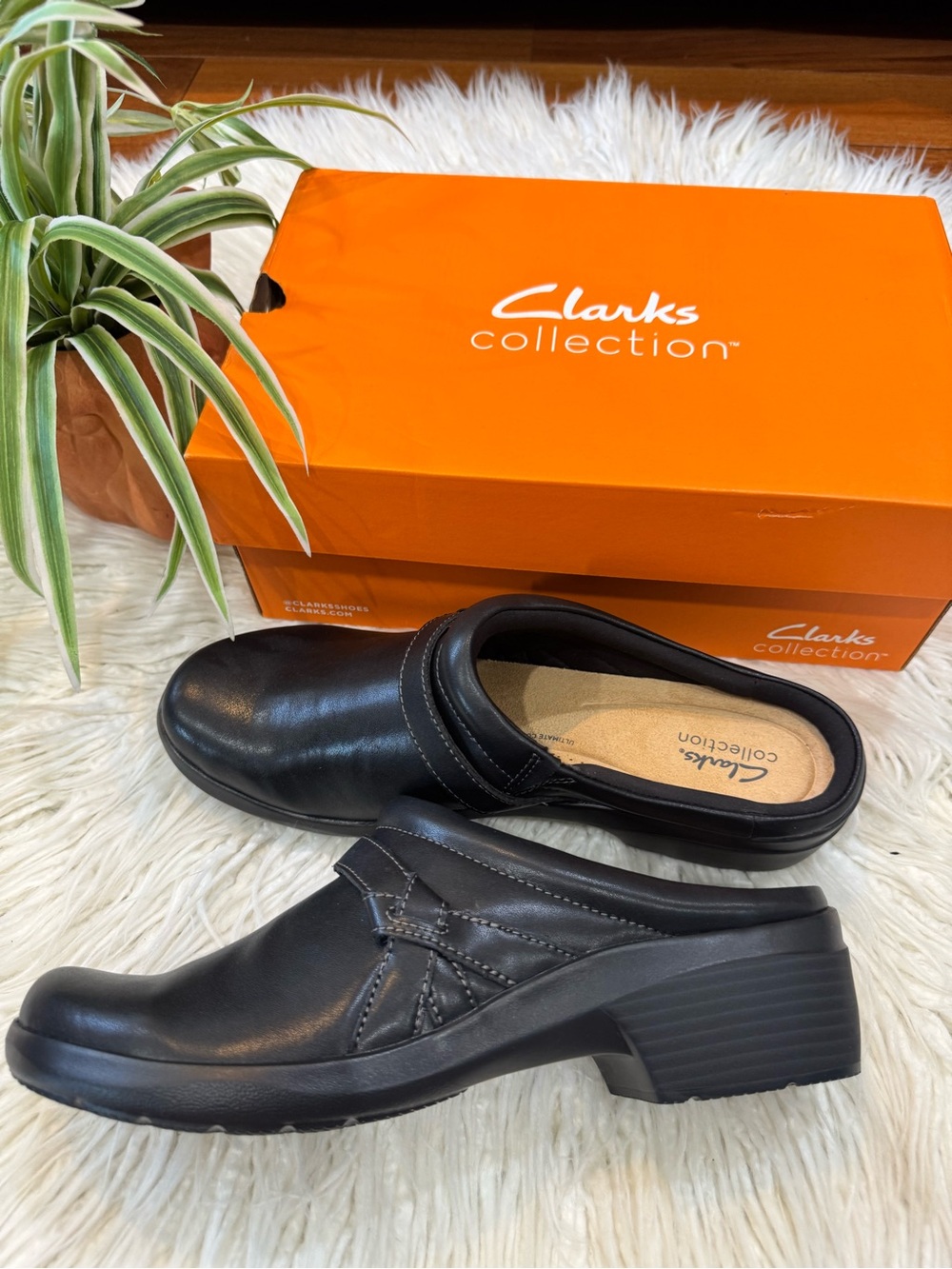 Clarks Black Leather Slip-On Clogs with Low Heel